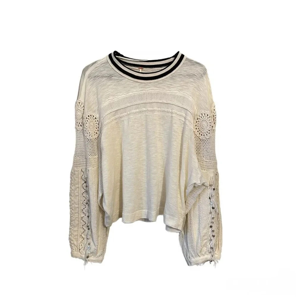 Free People Marrakech Long Sleeve Crochet Embellished Boho Ivory Top Size S